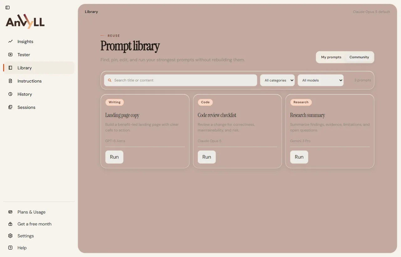 Anvyll prompt library in the Ash Paper theme