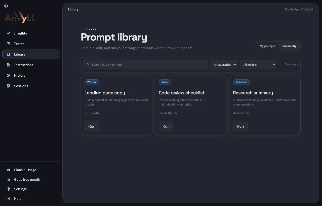 Anvyll prompt library in the Cool Temper theme