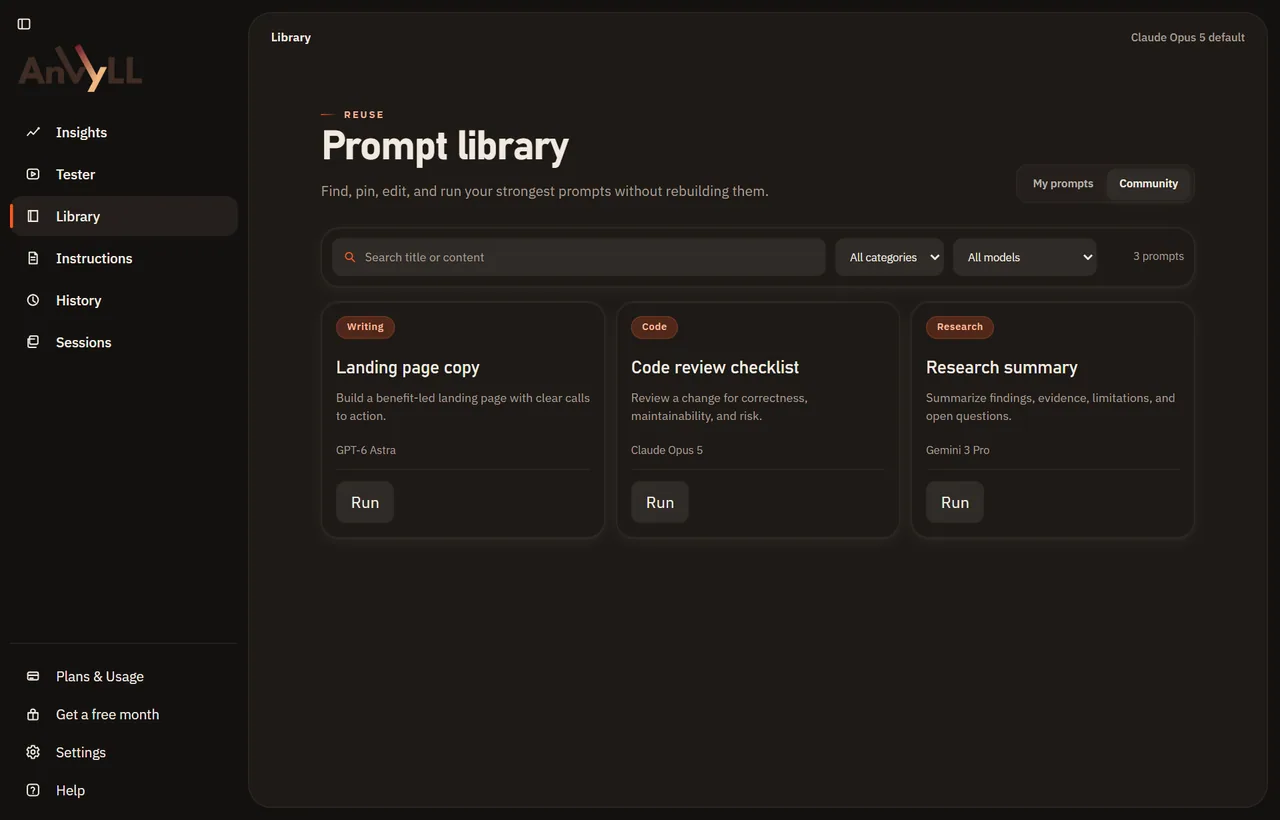 Anvyll prompt library in the Ember Forge theme