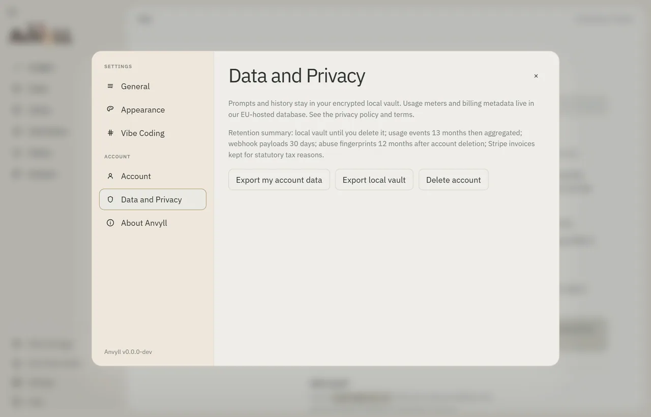 Anvyll Data and Privacy settings, Flow theme