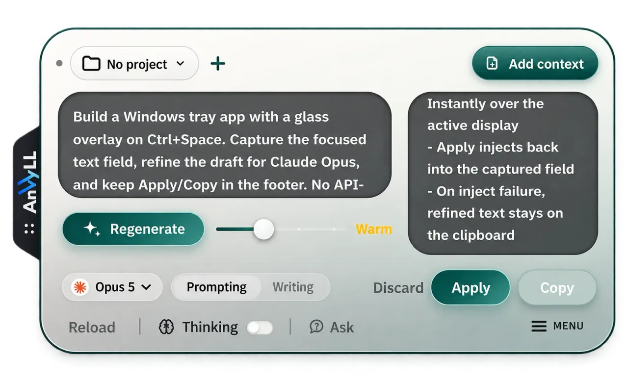 Anvyll tray overlay with a captured draft, the Generate button, structure level slider and Apply and Copy, Flow theme