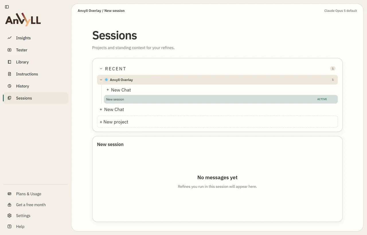 Anvyll Sessions screen with a project, its chats and standing context for refines, Flow theme