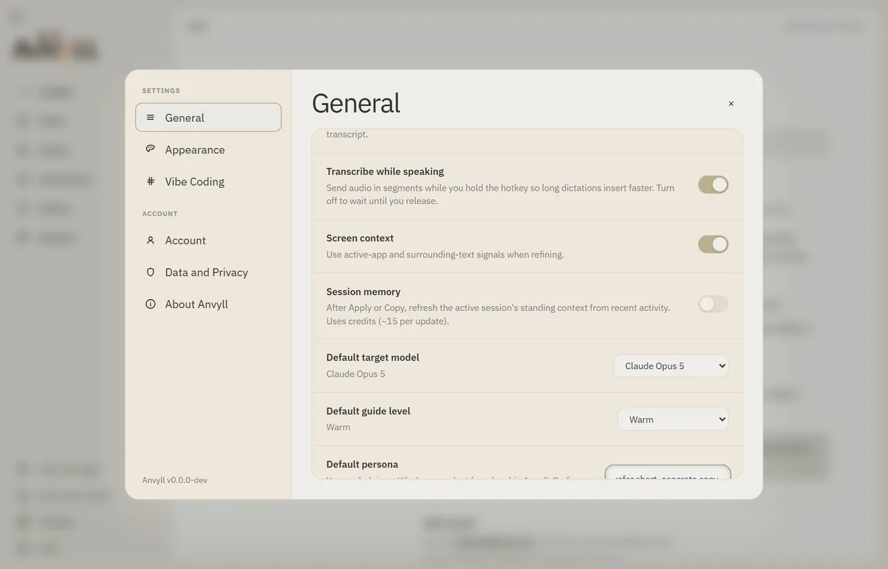 Anvyll General settings with transcribe while speaking, screen context, session memory, the default target model and the default guide level, Flow theme