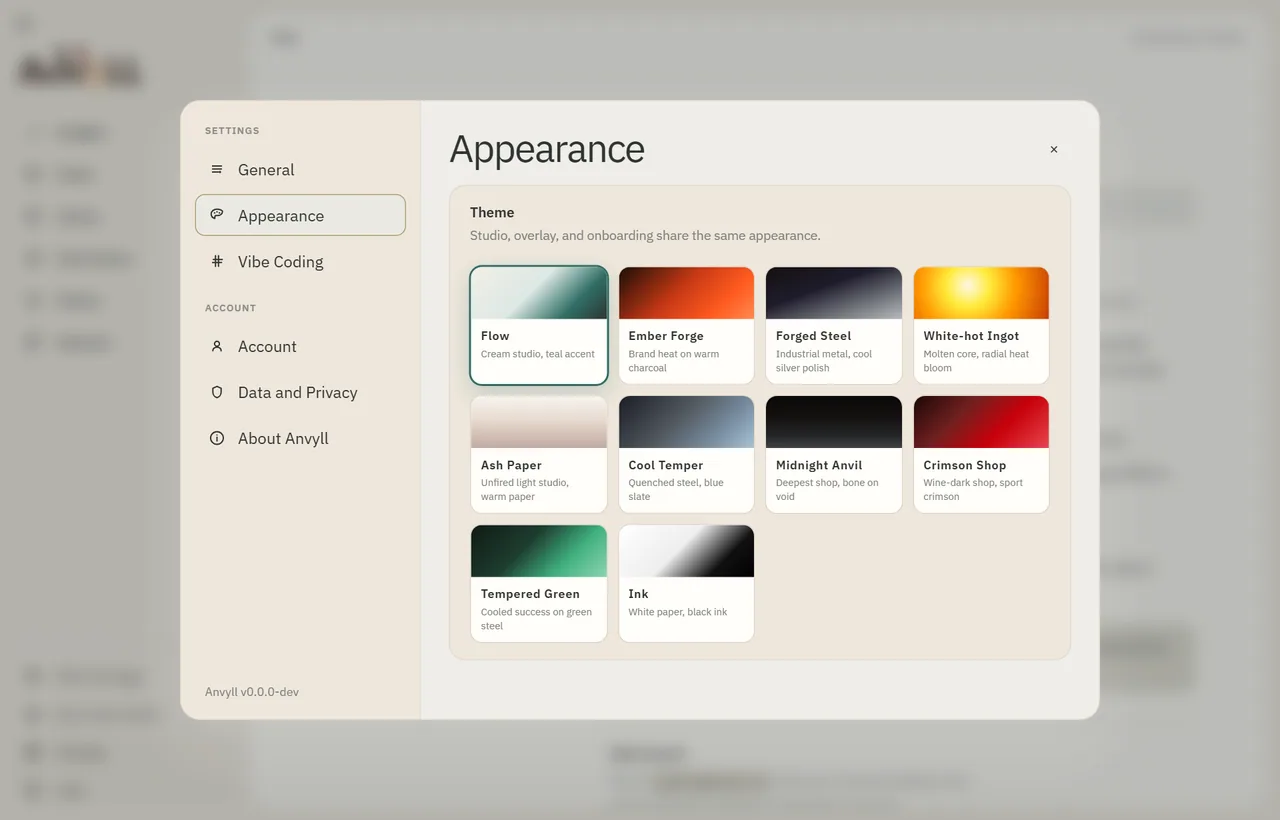Anvyll Appearance settings with ten selectable themes, Flow theme