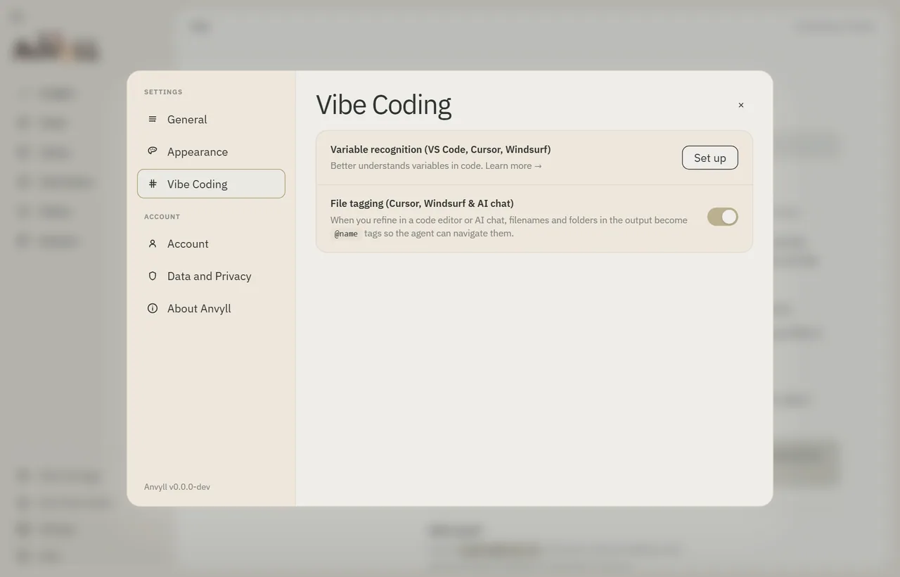Anvyll Vibe Coding settings for variable recognition and file tagging in Cursor and Windsurf, Flow theme