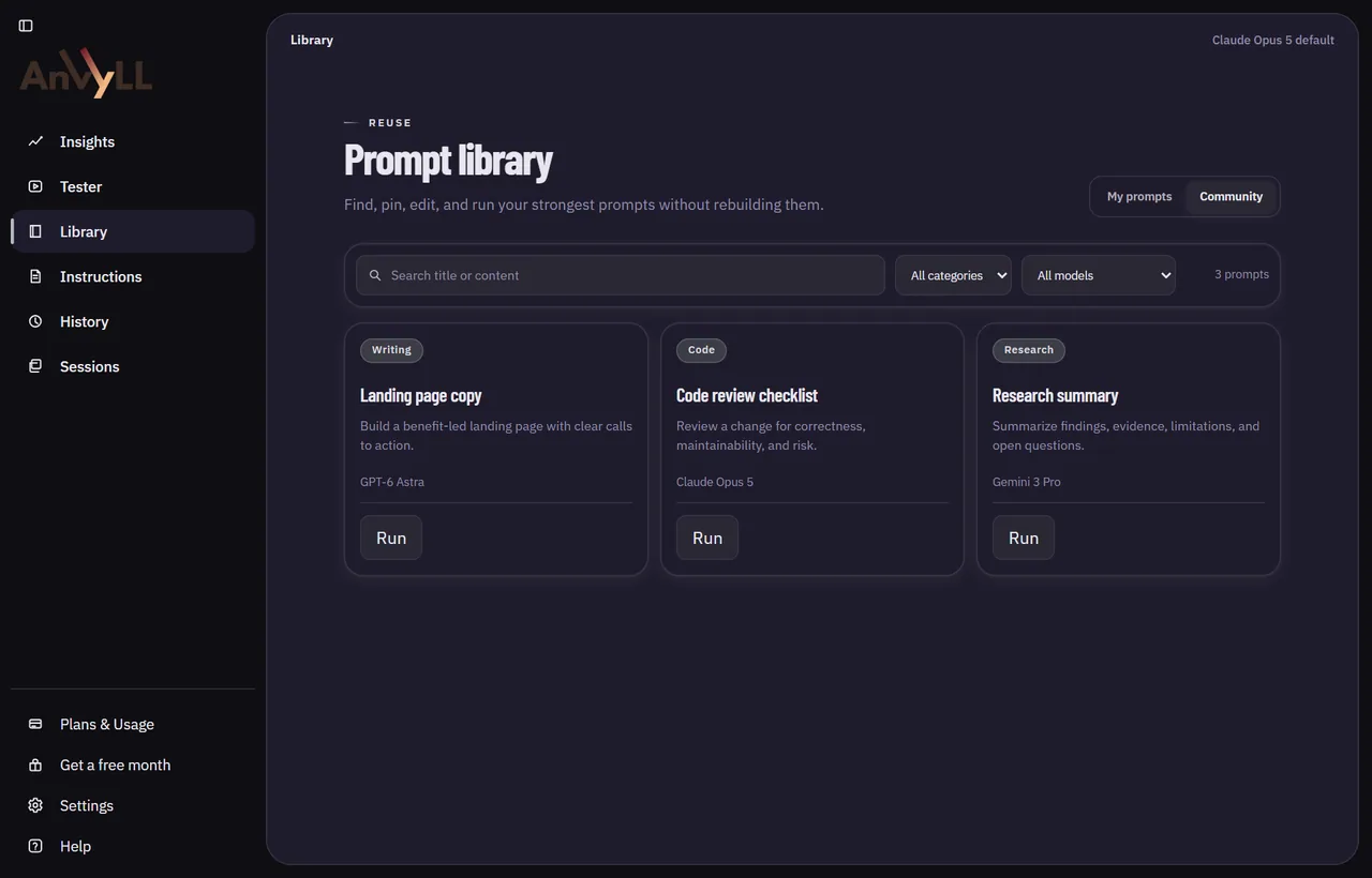 Anvyll prompt library in the Forged Steel theme