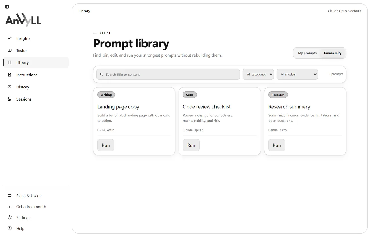 Anvyll prompt library in the Ink theme