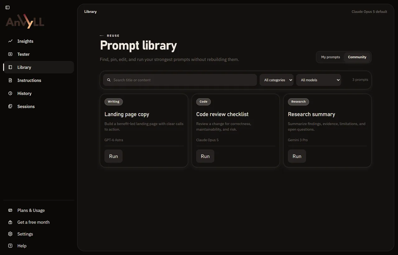 Anvyll prompt library in the Midnight Anvil theme