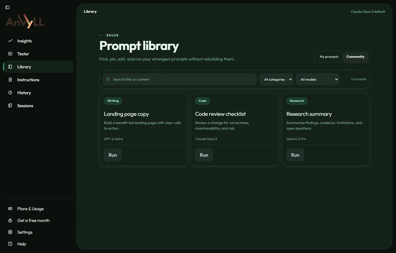 Anvyll prompt library in the Tempered Green theme