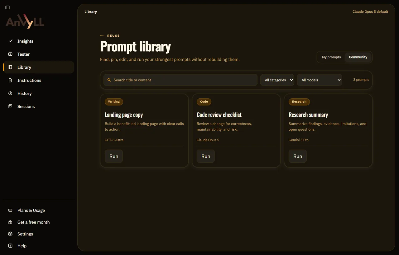Anvyll prompt library in the White-hot Ingot theme